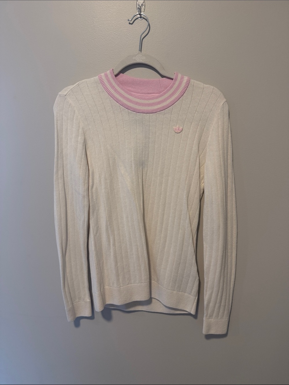 adidas Cream Ribbed Crewneck Sweater with Pink Trim